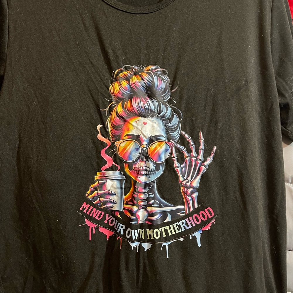 Black Graphic Tee with Colorful Skull Design